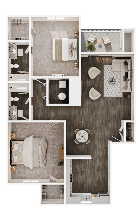Floor plan for 2 beds, 2 baths, 970 sqft